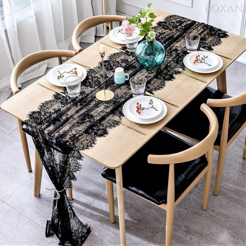 BOXAN 30x120 Inch Mysterious Black Lace Table Runner Boho Thanksgiving Lace Runner, Rustic Wedding Decorations, Lightweight Table Cover for Birthday Party Supplies Wedding Anniversary Party Decor - Image 5